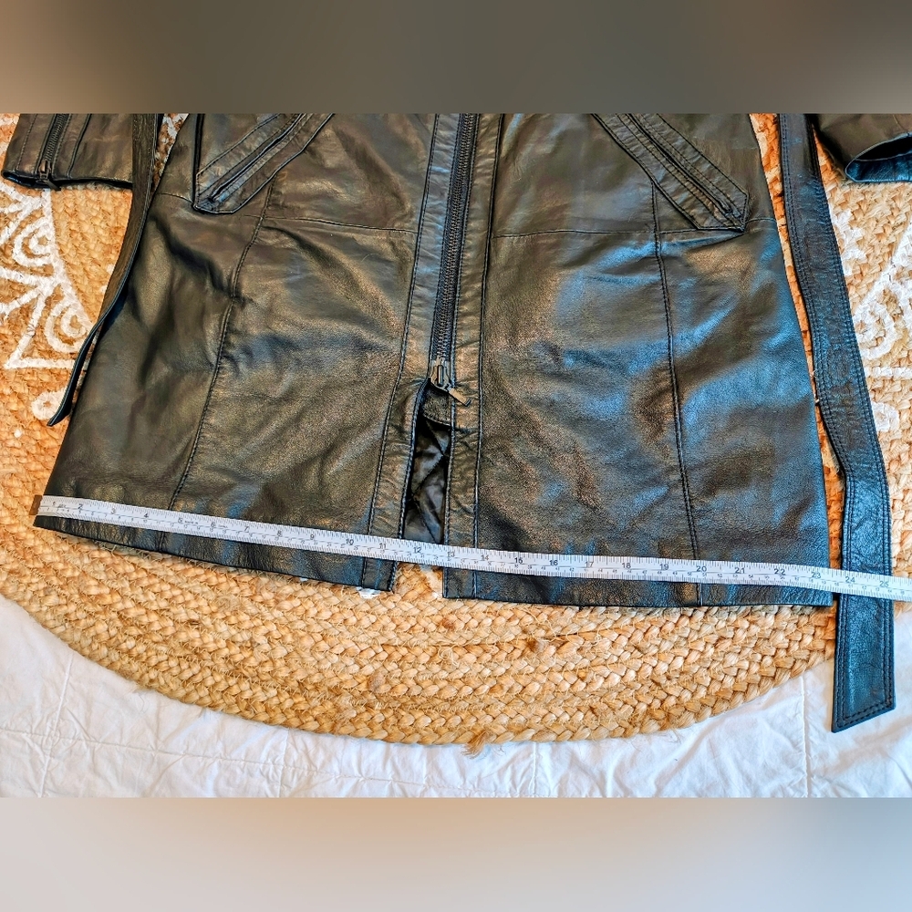 Classic Black Leather Trench Coat with Belt - Picture 9 of 16